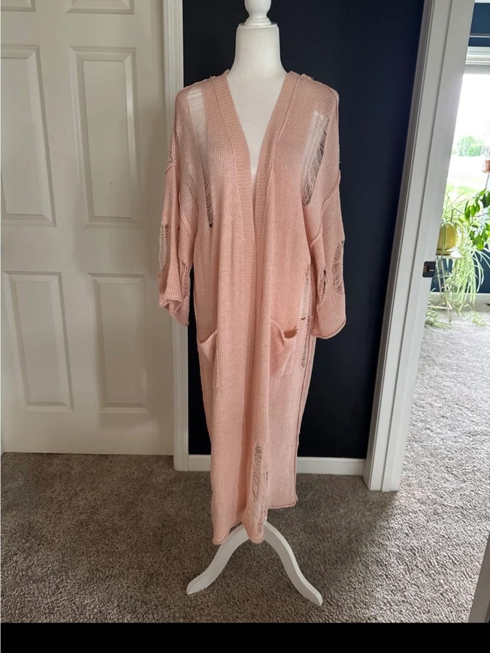 NWT POL oversized Open front Distressed Peachy Pink Duster Cardigan size Small - Picture 9 of 12
